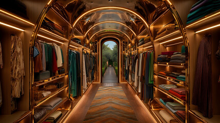 Luxurious walk-in closet with arched ceilings, warm lighting, and clothing neatly organized on shelves.