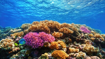 Fototapeta premium Vibrant coral reef teeming with life under the ocean's surface; perfect for travel brochures