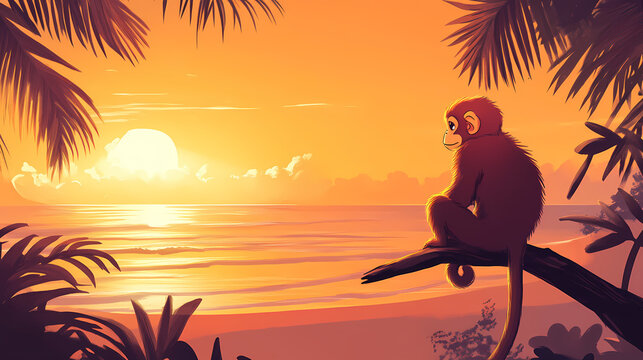 A cute monkey sits on a branch overlooking a beautiful tropical beach at sunset. Playful Jungle Creatures. Illustration