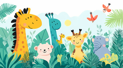 A playful gathering of friendly animals in a lush, hand-drawn jungle setting under a bright sky. Playful Jungle Creatures. Illustration