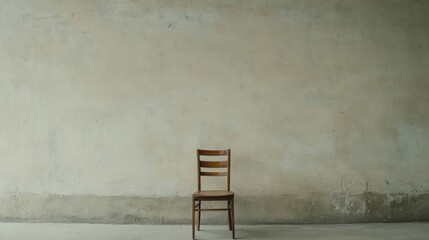 Single wooden chair against a textured beige wall.