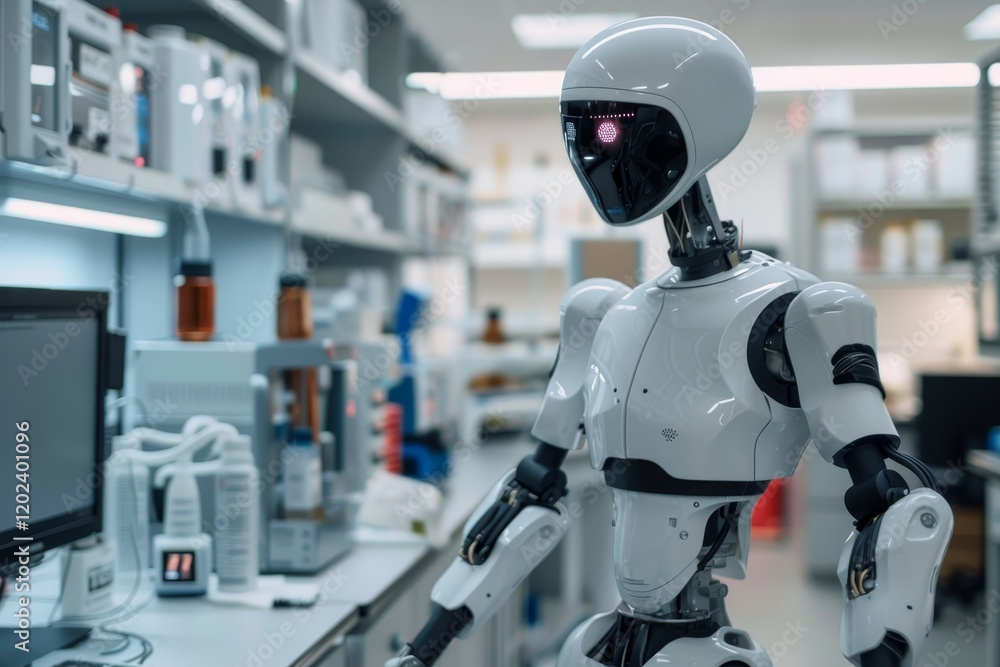 Poster a white humanoid robot stands in a laboratory, suggesting its role in assisting human employees, an 