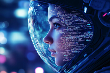 Naklejka premium Astronaut Woman Removing Helmet, Space Exploration, Unveiling Face, Cosmic Beauty, Starry 