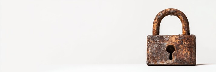 Rusty Padlock on White Background - A heavily rusted padlock sits on a plain white background, suggesting themes of age, security, and time.