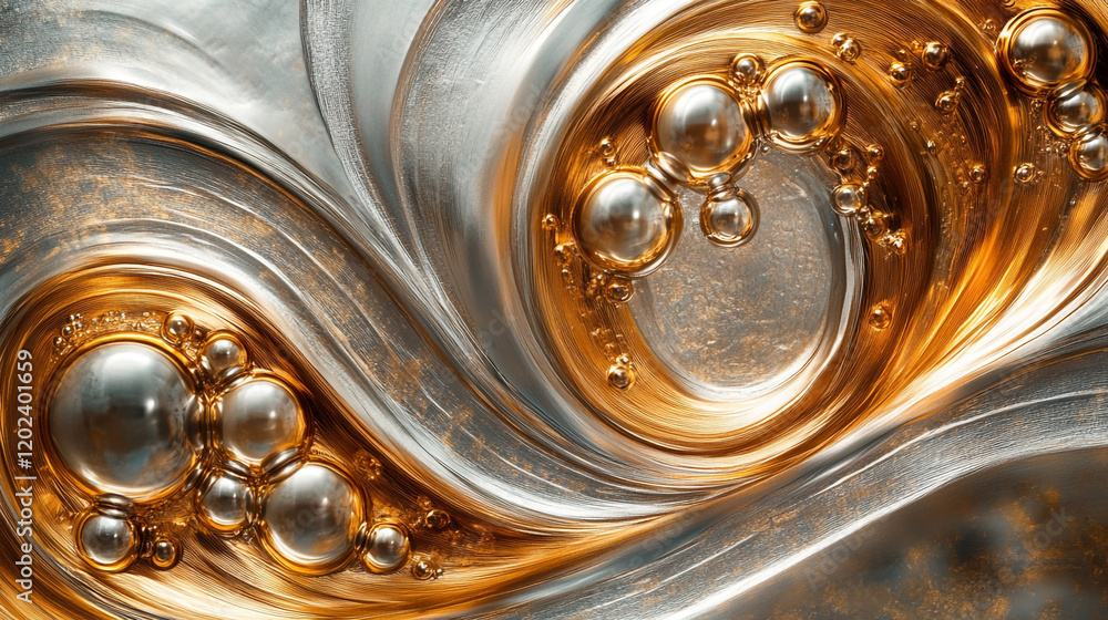 Poster abstract swirls of gold and silver create a dynamic metallic texture in a fluid design