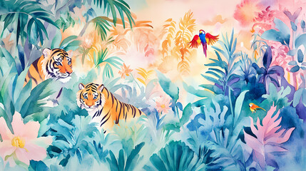 Fototapeta premium Colorful watercolor painting of a jungle with tigers and parrots, designed for a child's room, in soft pastel hues, capturing the playful spirit of nature. Playful Jungle Creatures. Illustration