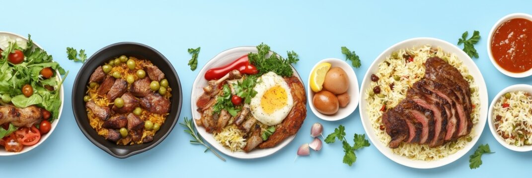 Savory World Food Platter - A global culinary adventure, showcasing diverse flavors and textures.  Fresh salad, hearty rice dishes, savory meats, and vibrant colors create a feast for the eyes and pal