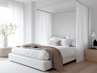 Obraz premium Serene minimalist bedroom with canopy bed and soft neutral tones in natural light