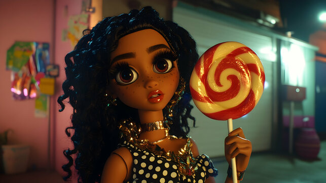 Stylish doll holding a large lollipop at night.