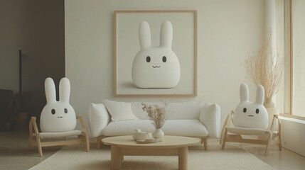Cute bunny-inspired furniture in minimalistic living room design