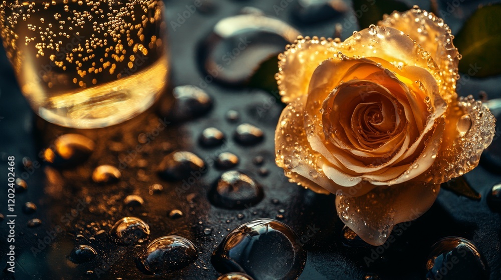 Aufkleber rose and bubbles with soft light reflecting from a dark surface creating mood and atmosphere