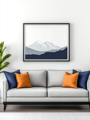 Serene Mountain Landscape Art Print - A minimalist mountain range print in shades of blue and grey, perfect for a living room or office.  Adds a calming touch to any space.