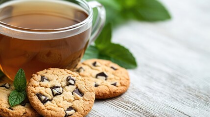 Refreshing mint tea with chocolate chip cookies on wooden table. Perfect for food blogs or recipe websites
