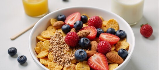 Vegan-vegetarian friendly cornflake bowl featuring added fiber from flaxseed  sans dairy showcased in a detailed close up shot