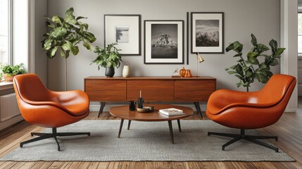 Cozy Modern Living Room with Orange Chairs and Indoor Plants