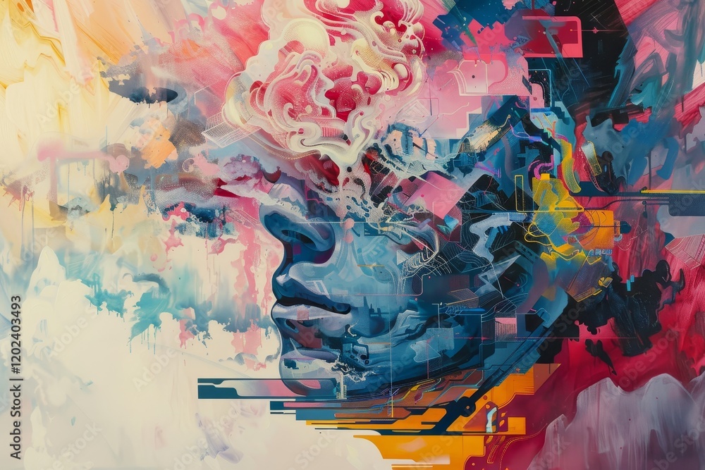 Poster abstract portrait of a face emerging from a colorful cloud, a series that explores the intersection 