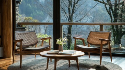 Cozy modern interior with wooden chairs and scenic view outdoors