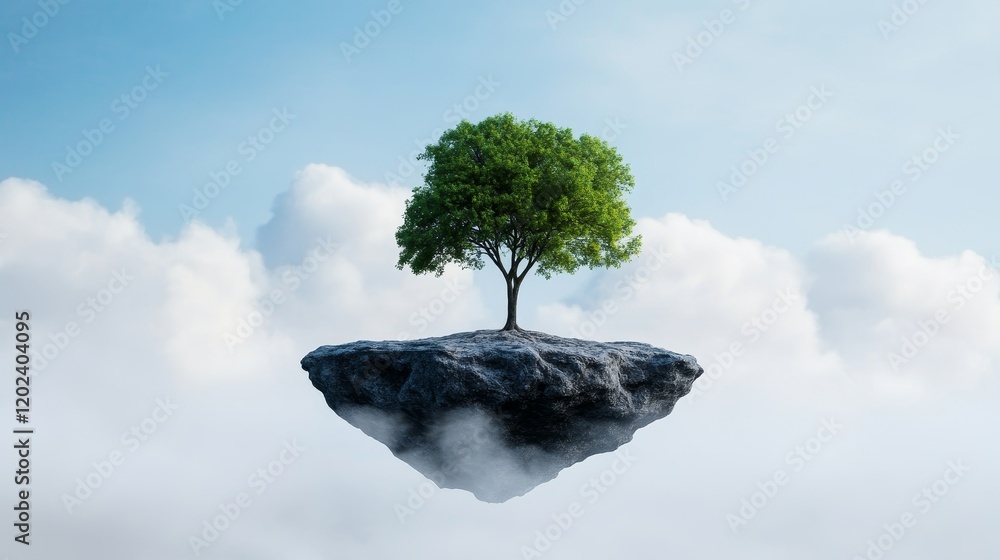 Poster solitary tree on floating island - a single tree thrives on a small, rocky island floating amidst so