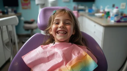 A cheerful young girl smiling brightly in a dentist's office, showcasing her confidence and comfort in a friendly environment, ready for her dental appointment.