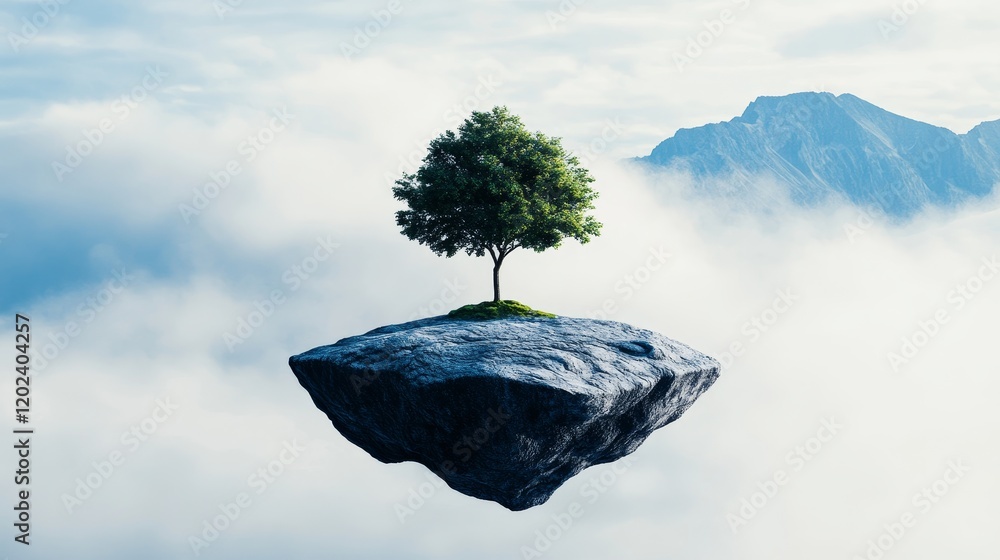 Poster solitary tree on floating island - a single tree stands on a small, floating rock above the clouds, 