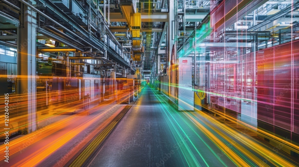 Poster layers of reflective surfaces in a factory are shown with beams of light representing data transmiss