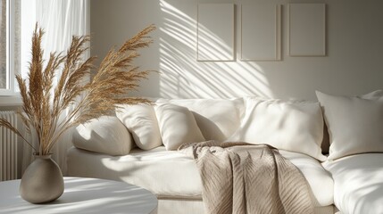 Cozy Interior with Neutral Tones and Sunlight Shadows on Sofa