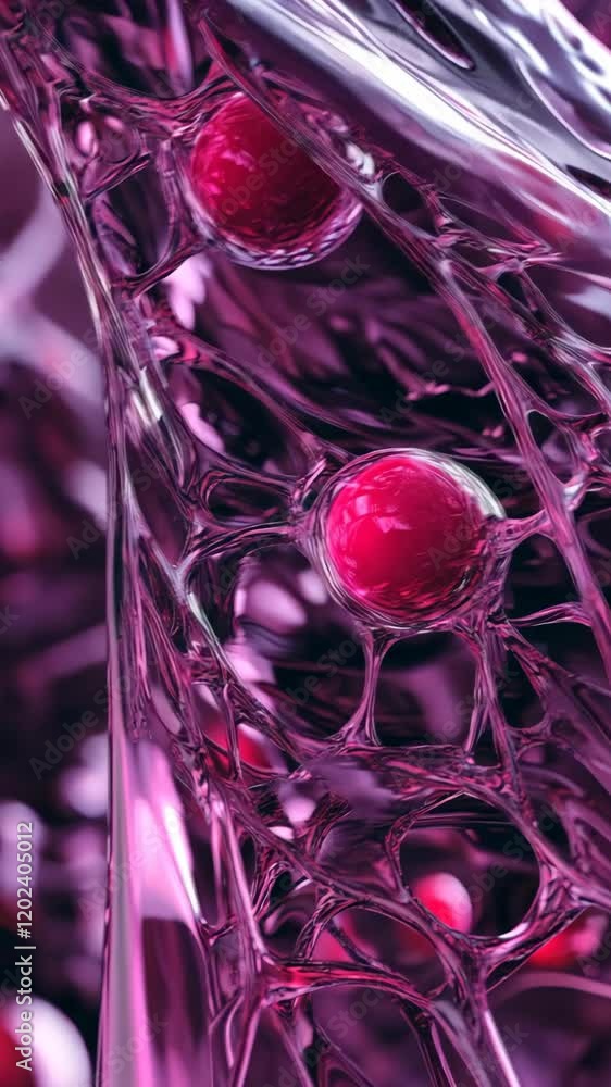 Poster close-up view of intricate cellular structures with red spheres highlighting biological activity