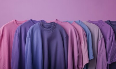 Obraz premium Row of Colorful Clothing Shirts Placed Against Purple Background Fabric for Fashion Design Concept