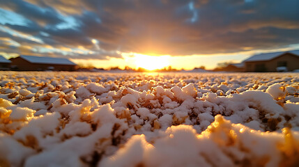 Snowy field at sunset, houses in background.