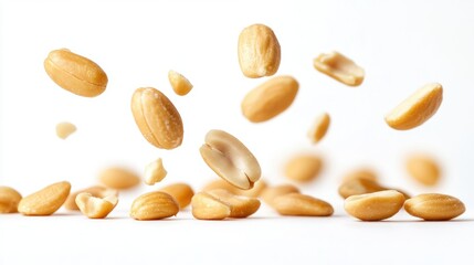Flying Peanuts Falling Against a Soft White Background