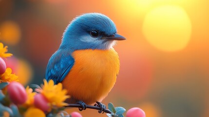 A small blue and orange bird is perched on a branch