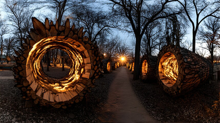 Fototapeta premium Illuminated wood rings path at dusk.
