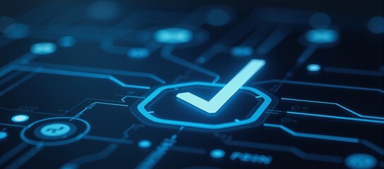 A futuristic checkmark is showcased against a backdrop of a technological network with a blue theme that signifies validation and security