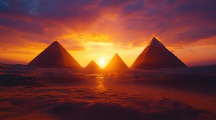 Sunset Over Pyramids of Giza with Vibrant Sky and Golden Light