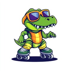 Fototapeta premium Cool crocodile roller skating, summer fun, cartoon illustration, children's book