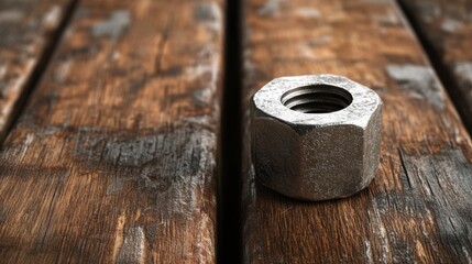 Close-Up of Metal Nut on Rustic Wooden Surface with Texture Details