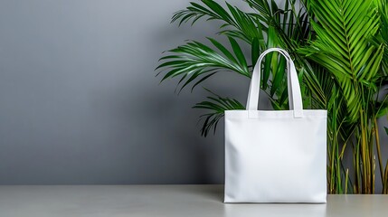 White Tote Bag Mockup with Tropical Plant