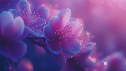 Delicate Pink Blossoms with Water Droplets in Soft Focus Light