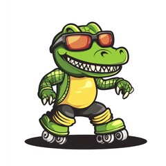 Fototapeta premium Green cartoon crocodile on roller skates wearing sunglasses on white background
