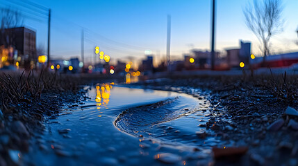 Obraz premium Dusk city puddle reflection.
