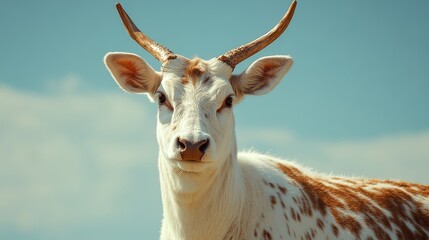 Obraz premium A white and brown spotted deer with long horns is staring at the camera