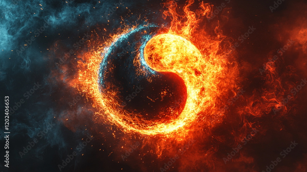 Poster dynamic representation of fire and ice contrasting against a dark backdrop
