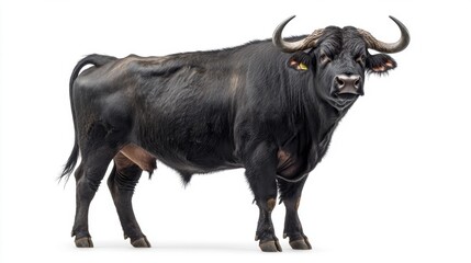 Majestic Black Bull Standing Proudly on White Background