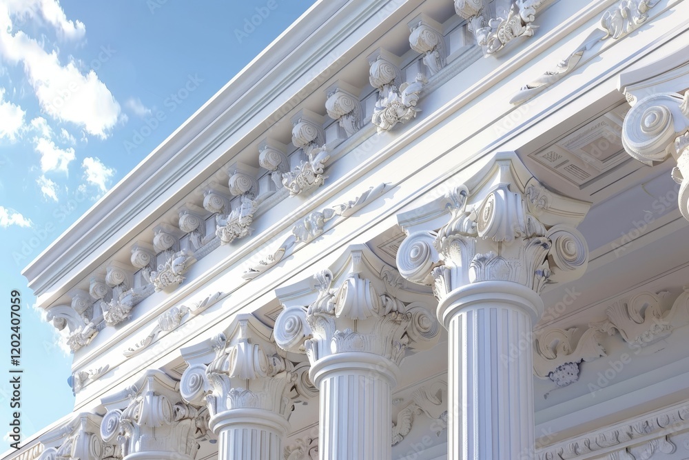 Poster close-up of building exterior with intricate white columns blending doric and corinthian styles, mer
