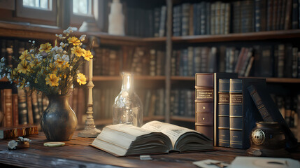 Exploring vintage book designs in a cozy library setting with touch of creativity and nostalgia, photograph of still life concept. Vintage Library Setting. Illustration