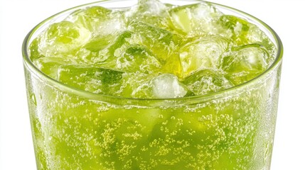 Refreshing Green Beverage with Ice Cubes in Transparent Glass