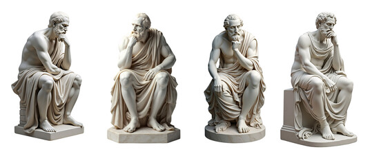 Obraz premium four distinct sculptures of a seated philosopher, each carved from a light-colored stone resembling marble.