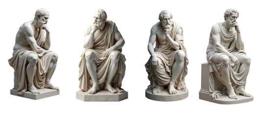  four distinct sculptures of a seated philosopher, each carved from a light-colored stone resembling marble.