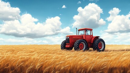 Obraz premium Red Tractor Drives Through Golden Wheat Field Under Blue Sky