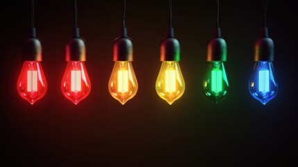 Colorful Vintage Light Bulbs Hanging in a Dark Background